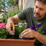 uomo mette ghiaccio nei fiori